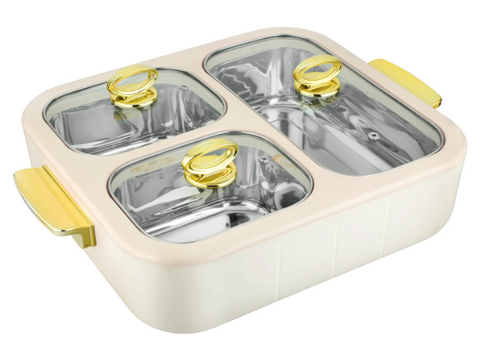 BONJOUR Sapphire 3-in-1 Insulated Chafing Dish | Premium Stainless Steel Hotpot & Casserole with PUF Insulation | Buffet Server with Glass Lids & Golden Handles | White