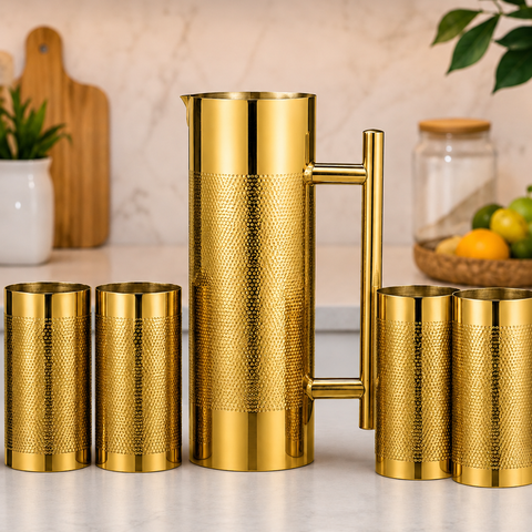 Venus Stainless Steel jug with 4 Glass Set Jug Capacity 1.2 LTR,Glass Capacity 300 Ml Each.Stainless Steel Rust Free Food Grade-Gold