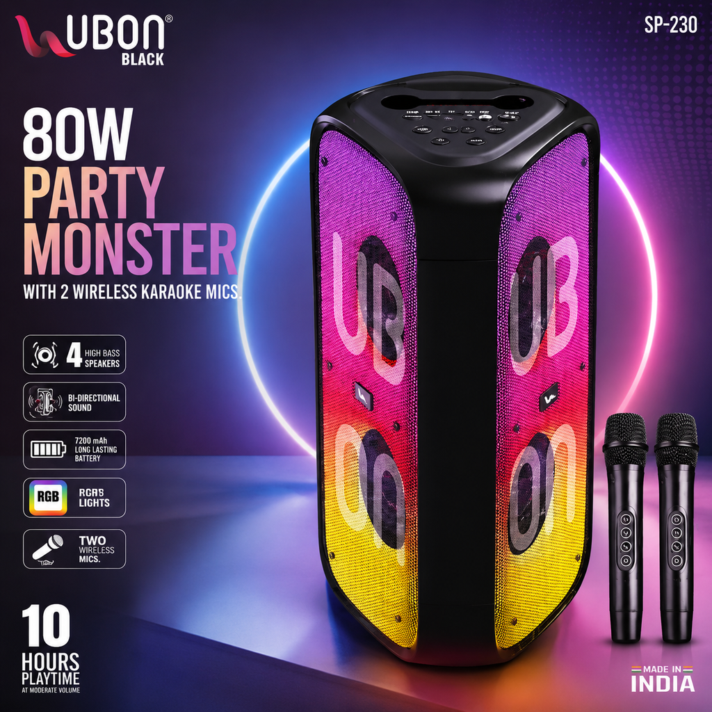 UBON Black SP-230 80W Party Monster Bluetooth Speaker with Adjustable Tripod Stand & 2 Wireless Karaoke Microphones | 4 High Bass Speakers | RGB Lights | 7200mAh Battery | Bluetooth v5.4