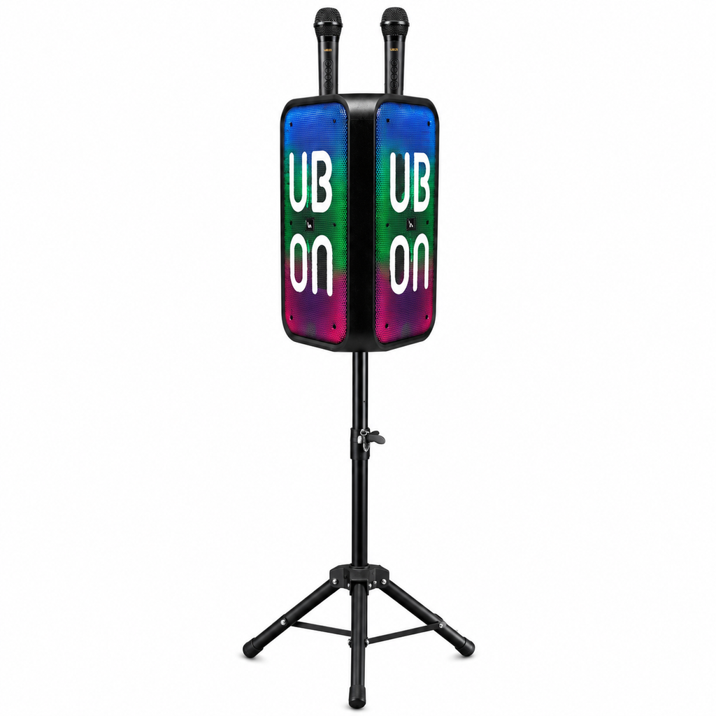UBON Black SP-230 80W Party Monster Bluetooth Speaker with Adjustable Tripod Stand & 2 Wireless Karaoke Microphones | 4 High Bass Speakers | RGB Lights | 7200mAh Battery | Bluetooth v5.4