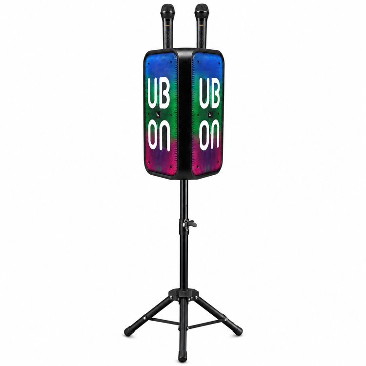 UBON Black SP-230 80W Party Monster Bluetooth Speaker with Adjustable Tripod Stand & 2 Wireless Karaoke Microphones | 4 High Bass Speakers | RGB Lights | 7200mAh Battery | Bluetooth v5.4