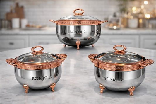 Bonjour Roseate Stainless Steel Casserole Set – 3 Pcs (2000 ml, 2500 ml & 3500 ml) | Copper Finish Hotpot | Premium Insulated Serveware for Kitchen & Dining