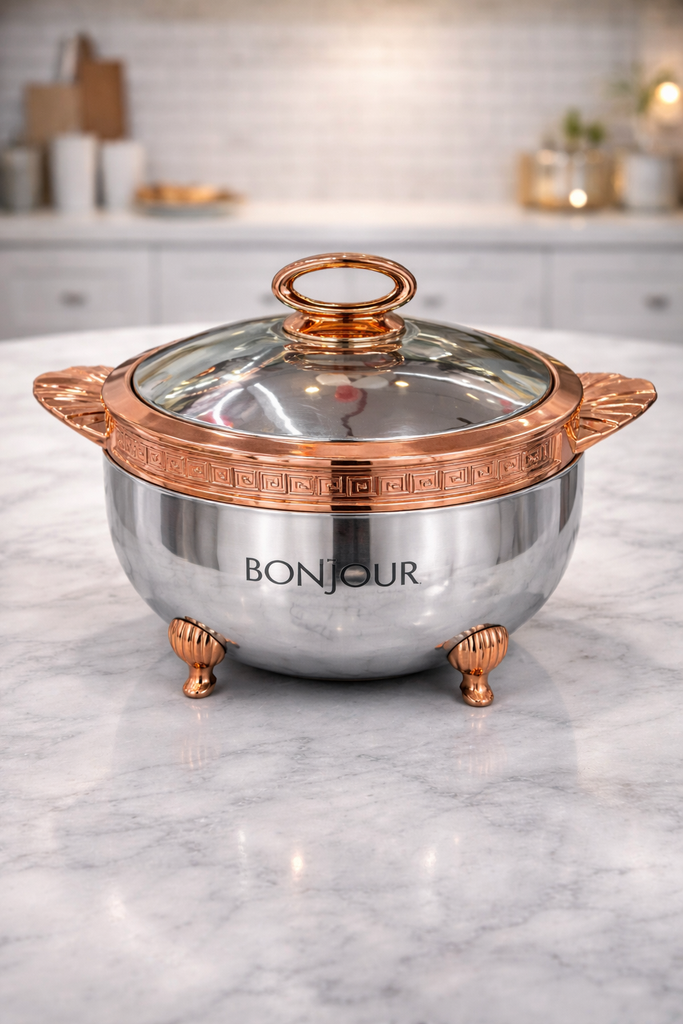 Bonjour Roseate Stainless Steel Casserole Set – 3 Pcs (2000 ml, 2500 ml & 3500 ml) | Copper Finish Hotpot | Premium Insulated Serveware for Kitchen & Dining