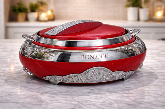 Bonjour Grandeur Elegant Designer Casserole 3500ml – Red & Silver Premium Insulated Hotpot | Stylish Stainless Steel Serveware for Kitchen & Dining