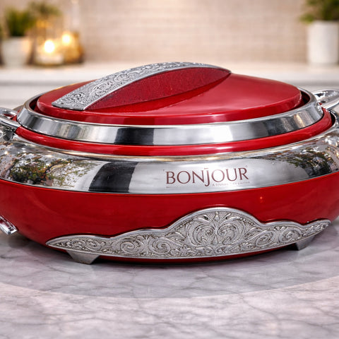 Bonjour Grandeur Elegant Designer Casserole 3500ml – Red & Silver Premium Insulated Hotpot | Stylish Stainless Steel Serveware for Kitchen & Dining