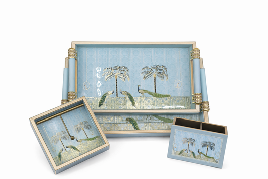 Luxury 4-Piece Wooden Leather Tray Set | Includes Cutlery Holder, Tissue Holder & 2 Trays | Enamel Coated Waterproof