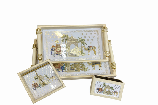 Luxury 4-Piece Wooden Leather Tray Set | Includes Cutlery Holder, Tissue Holder & 2 Trays | Enamel Coated Waterproof