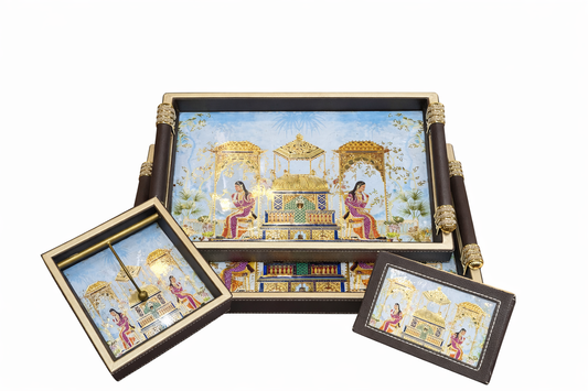 Luxury 4-Piece Wooden Leather Tray Set | Includes Cutlery Holder, Tissue Holder & 2 Trays | Enamel Coated Waterproof