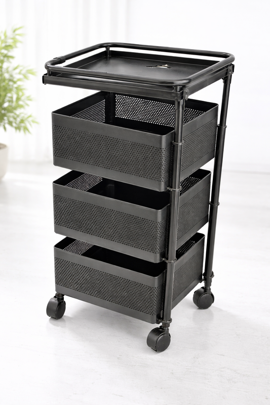 3 Tier Sqaure Metal Vegetable Trolley with Wheels | Multipurpose Kitchen Storage Cart | Heavy-Duty Mesh Basket Organizer (Powder Coated)
