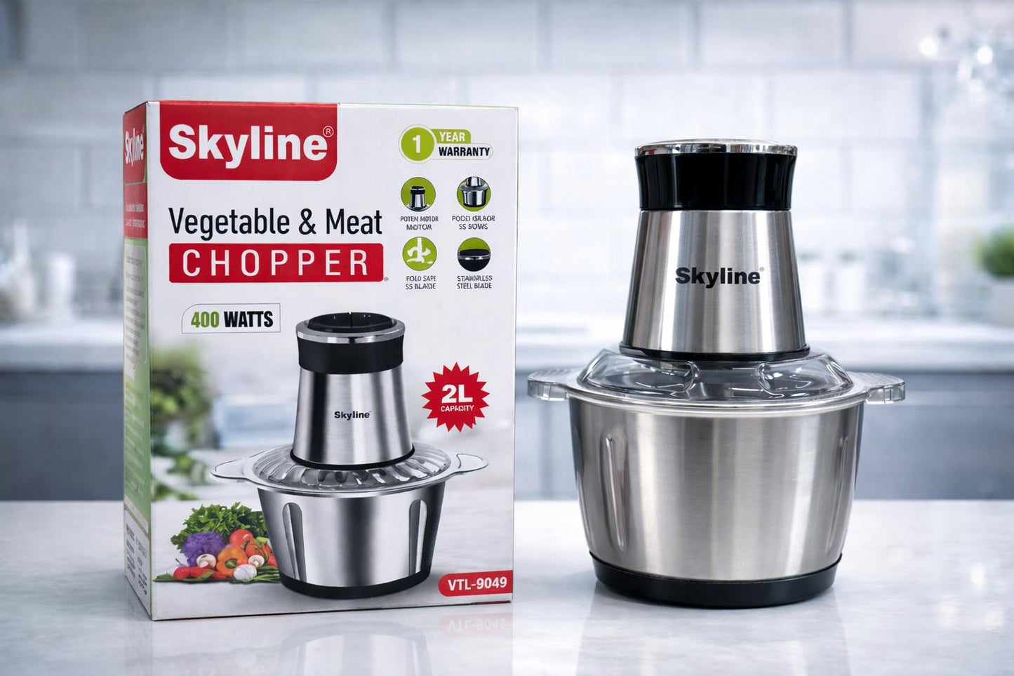 Skyline 400 Watts Vegetable & Meat Chopper with 2L Stainless Steel Bowl | 4 Sharp Stainless Steel Blades | Dual Speed Control Electric Food Processor for Home Kitchen