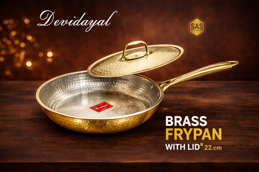 Devidayal Brass Frypan with Lid (22 cm)- 1.3 Litres | Pure Brass Kadhai | Hammered Finish | Healthy Traditional Cookware