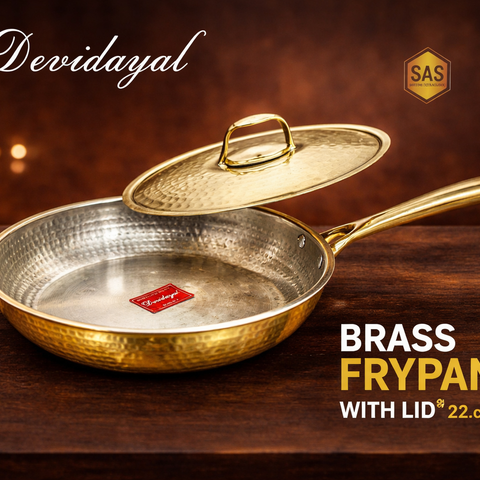 Devidayal Brass Frypan with Lid (22 cm)- 1.3 Litres | Pure Brass Kadhai | Hammered Finish | Healthy Traditional Cookware