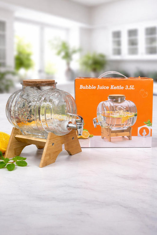 Premium 3.5L Glass Bubble Juice Kettle with Wooden Stand & Tap – Beverage Dispenser for Juice, Water, Mocktails & Parties