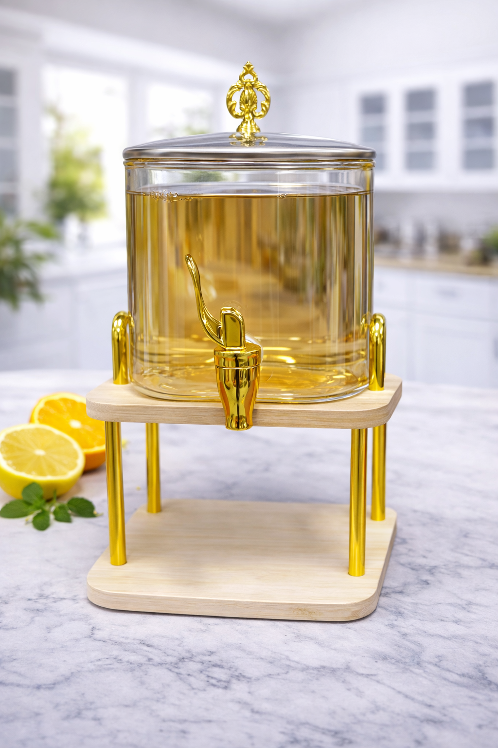 Luxury Glass Beverage Dispenser with Golden Tap & Wooden Stand – Elegant Drink Dispenser for Juice, Water, Mocktails & Parties (3.5L)