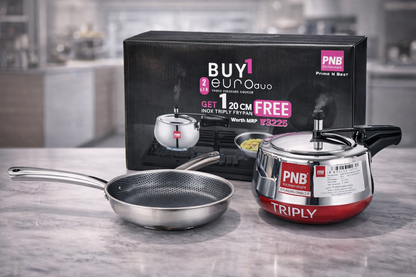 PNB Kitchenmate 2 Litre Triply Pressure Cooker with FREE 20 cm Honeycomb Triply Fry Pan | Stainless Steel Cooker Combo for Gas Stove