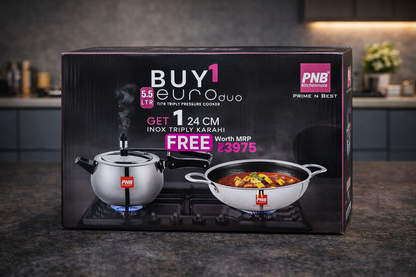 PNB Kitchenmate Euro Duo 5.5 Litre Triply Pressure Cooker with Free 24 cm Honeycomb Triply Kadhai | Stainless Steel Cookware Combo for Gas & Induction