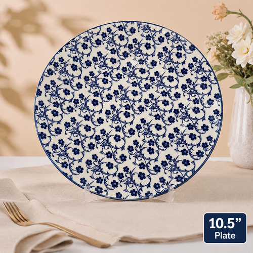 10.5 Inch Ceramic Dinner Plate Set of 3 | Blue Floral Printed Serving Plates | Premium Glazed Ceramic | Microwave & Dishwasher Safe | Elegant Dinnerware for Daily Use & Special Occasions