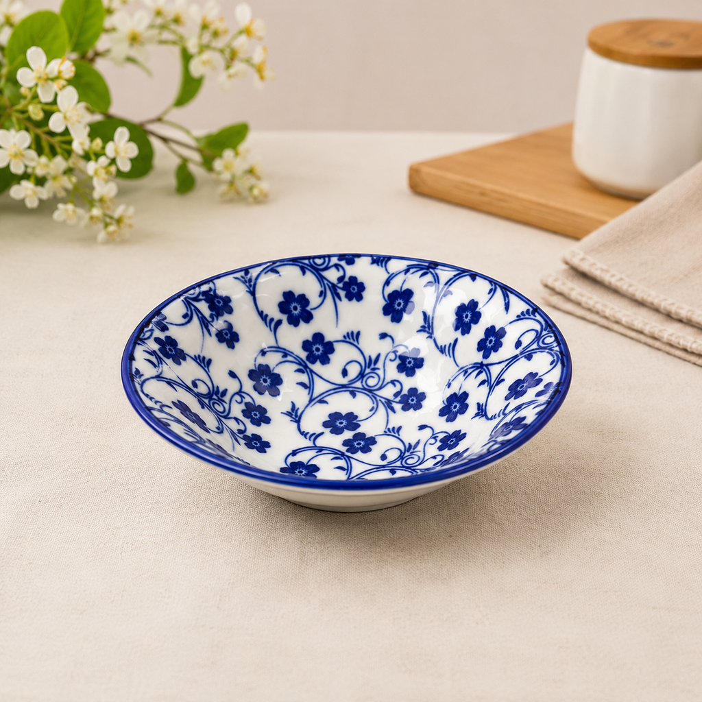Ceramic Soup & Snack Bowl Set of 3 | Blue Floral Printed Bowls | Premium Glazed Ceramic | Microwave & Dishwasher Safe | Serving Bowls for Soup, Salad, Cereal, Dessert & Snacks