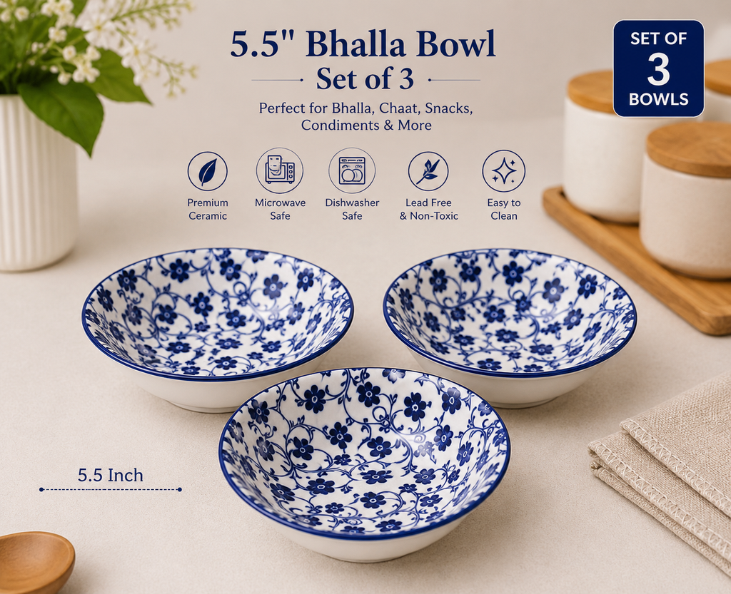 5.5 Inch Ceramic Bhalla Bowl Set of 3 | Blue Floral Printed Serving Bowls | Premium Glazed Ceramic | Microwave & Dishwasher Safe | Bowls for Bhalla, Chaat, Soup, Snacks & Desserts