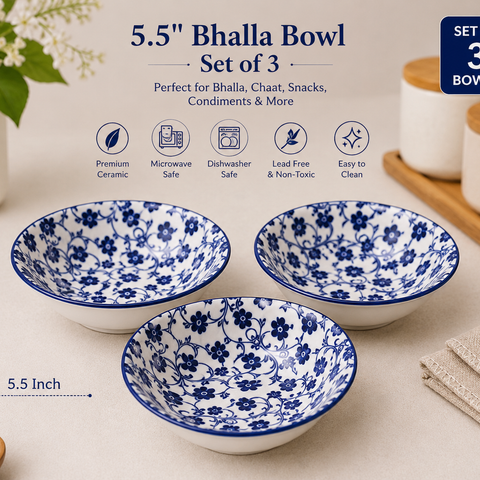 5.5 Inch Ceramic Bhalla Bowl Set of 3 | Blue Floral Printed Serving Bowls | Premium Glazed Ceramic | Microwave & Dishwasher Safe | Bowls for Bhalla, Chaat, Soup, Snacks & Desserts