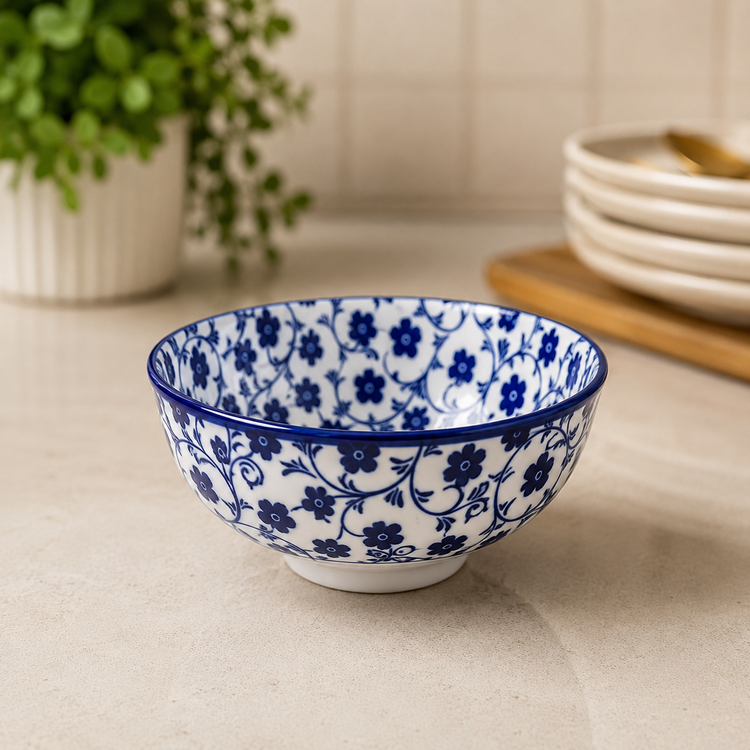 4.5 Inch Ceramic Soup Bowl Set of 3 | Blue Floral Printed Bowls | Premium Glazed Ceramic | Microwave & Dishwasher Safe | Serving Bowls for Soup, Cereal, Dessert, Snacks & Rice