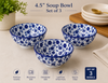 4.5 Inch Ceramic Soup Bowl Set of 3 | Blue Floral Printed Bowls | Premium Glazed Ceramic | Microwave & Dishwasher Safe | Serving Bowls for Soup, Cereal, Dessert, Snacks & Rice