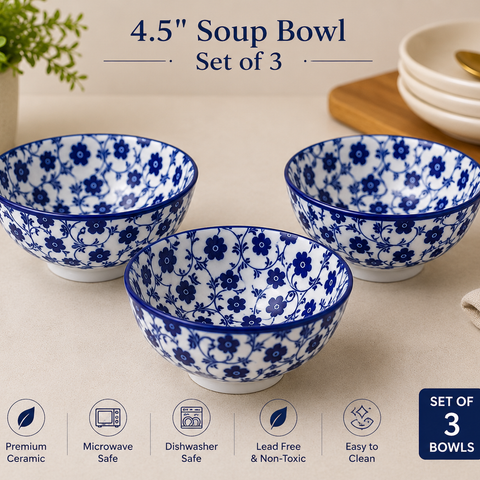 4.5 Inch Ceramic Soup Bowl Set of 3 | Blue Floral Printed Bowls | Premium Glazed Ceramic | Microwave & Dishwasher Safe | Serving Bowls for Soup, Cereal, Dessert, Snacks & Rice