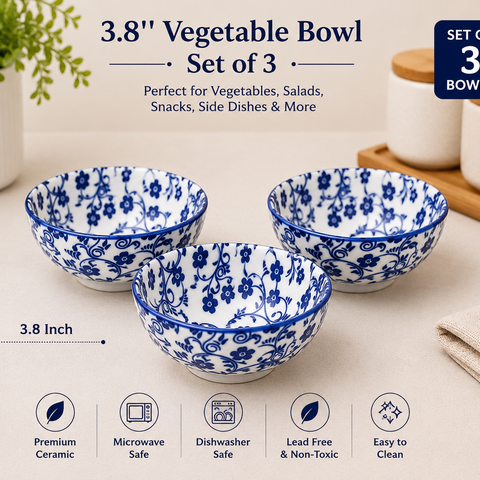 3.8 Inch Ceramic Vegetable Bowl Set of 3 | Blue Floral Printed Bowls | Premium Glazed Ceramic | Microwave & Dishwasher Safe | Serving Bowls for Vegetables, Dal, Curry, Snacks & Desserts