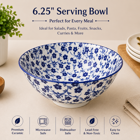 6.25 Inch Ceramic Serving Bowl | Blue Floral Printed Bowl | Premium Glazed Ceramic | Microwave & Dishwasher Safe | Multipurpose Bowl for Salad, Curry, Pasta, Fruits & Snacks