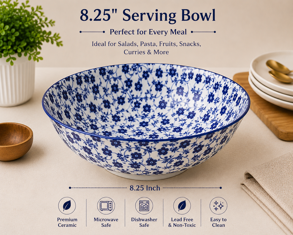 8.25 Inch Ceramic Serving Bowl | Blue Floral Printed Bowl | Premium Glazed Ceramic | Microwave & Dishwasher Safe | Multipurpose Bowl for Salad, Curry, Pasta, Fruits & Snacks