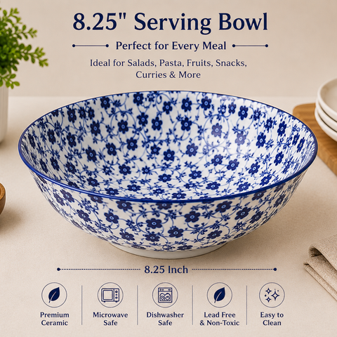 8.25 Inch Ceramic Serving Bowl | Blue Floral Printed Bowl | Premium Glazed Ceramic | Microwave & Dishwasher Safe | Multipurpose Bowl for Salad, Curry, Pasta, Fruits & Snacks