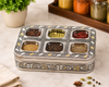 Premium Stainless Steel Masala Box with Handmade Etching Work | 6 Steel Spice Containers & 1 Brass Spoon | Traditional Indian Spice Organizer | Multipurpose Kitchen Masala Dabba