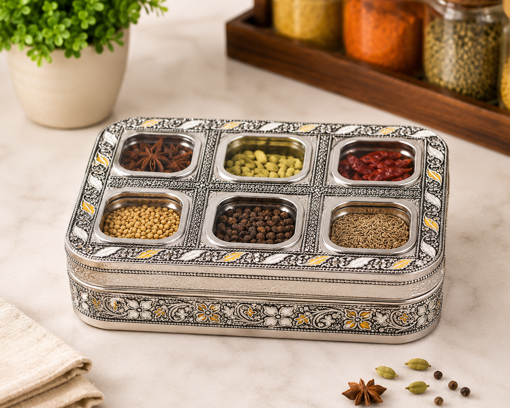 Premium Stainless Steel Masala Box with Handmade Etching Work | 6 Steel Spice Containers & 1 Brass Spoon | Traditional Indian Spice Organizer | Multipurpose Kitchen Masala Dabba