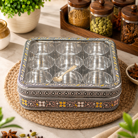 Premium Stainless Steel Handmade Etched Masala Box with Glass Lid | 9 Steel Containers & Brass Spoon | Traditional Spice Storage Box | Large Kitchen Masala Dabba