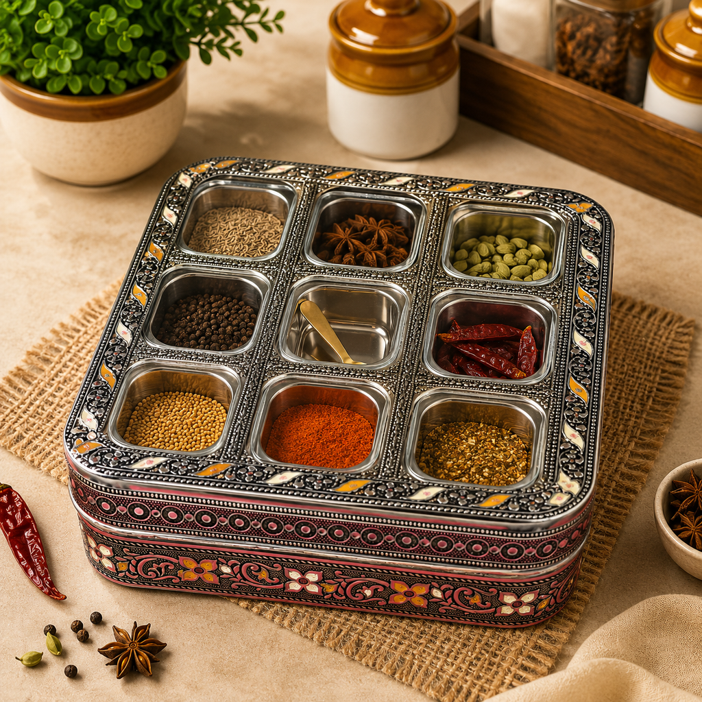 Premium Stainless Steel Masala Box with 9 Steel Containers & Brass Spoon | Food Grade Spice Storage Box | Multipurpose Kitchen Masala Dabba | Rust Resistant Spice Organizer