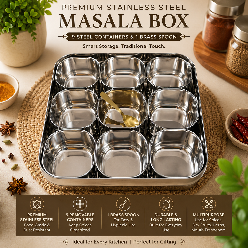 Premium Stainless Steel Masala Box with 9 Steel Containers & Brass Spoon | Food Grade Spice Storage Box | Multipurpose Kitchen Masala Dabba | Rust Resistant Spice Organizer