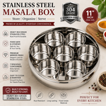11 Inch Heavy 304 Grade Stainless Steel Round Masala Box | 7 Spice Containers | Food Grade Spice Storage Organizer | Premium Kitchen Masala Dabba | Rust Resistant