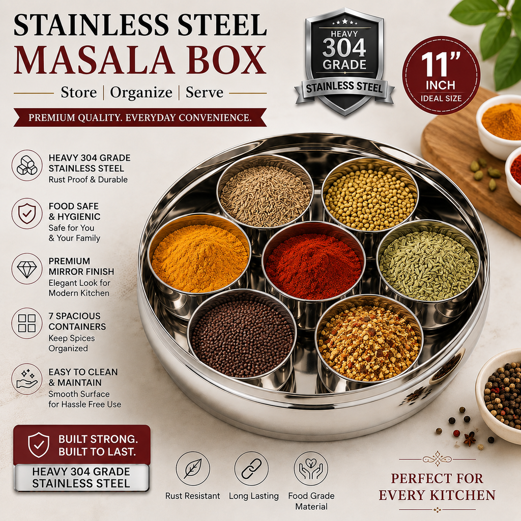 11 Inch Heavy 304 Grade Stainless Steel Round Masala Box | 7 Spice Containers | Food Grade Spice Storage Organizer | Premium Kitchen Masala Dabba | Rust Resistant