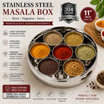 11 Inch Heavy 304 Grade Stainless Steel Round Masala Box | 7 Spice Containers | Food Grade Spice Storage Organizer | Premium Kitchen Masala Dabba | Rust Resistant