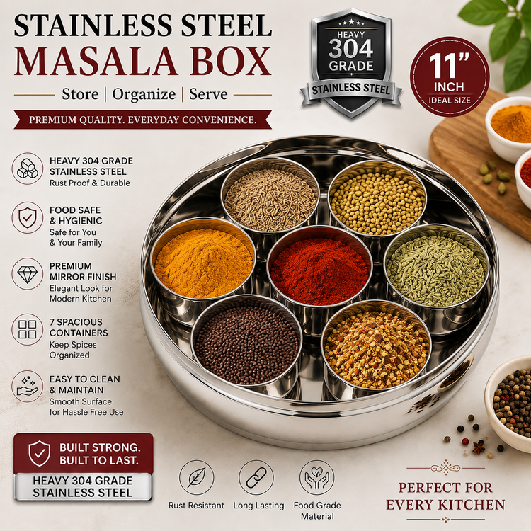 11 Inch Heavy 304 Grade Stainless Steel Round Masala Box | 7 Spice Containers | Food Grade Spice Storage Organizer | Premium Kitchen Masala Dabba | Rust Resistant