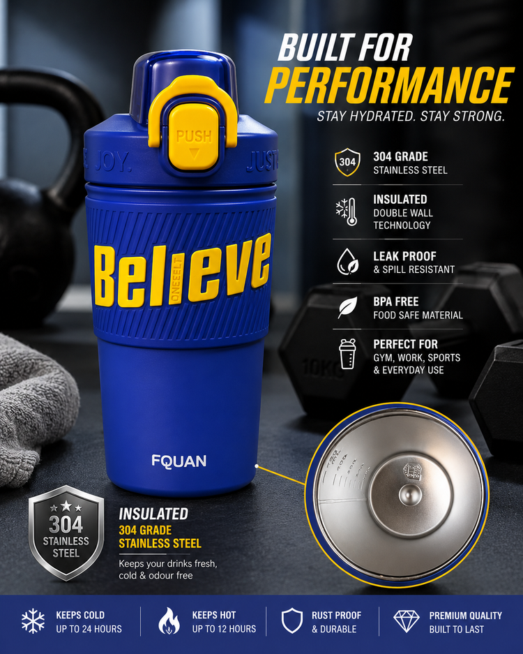 480ml Insulated Stainless Steel Gym Shaker Bottle | 304 Grade Double Wall Vacuum Protein Shaker | Leakproof BPA-Free Sports Water Bottle with Easy Carry Handle & Push Button Lid | Hot & Cold Flask-Blue
