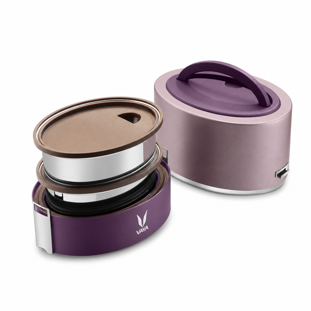 VAYA TYFFYN Lunch Box for Kids for School, Polished Stainless Steel Tiffin Box Without BagMat, 600ml Insulated Tiffin Box for Office for Men with 2 Containers, Hot Lunch Box for Boys, Purple