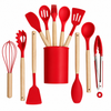 12 Pcs Silicone Kitchen Tool Set with Wooden Handles | Non Stick Cookware Safe Cooking Utensils with Storage Holder | Kitchen Accessories Set for Cooking & Baking (Red)