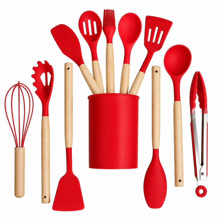 12 Pcs Silicone Kitchen Tool Set with Wooden Handles | Non Stick Cookware Safe Cooking Utensils with Storage Holder | Kitchen Accessories Set for Cooking & Baking (Red)