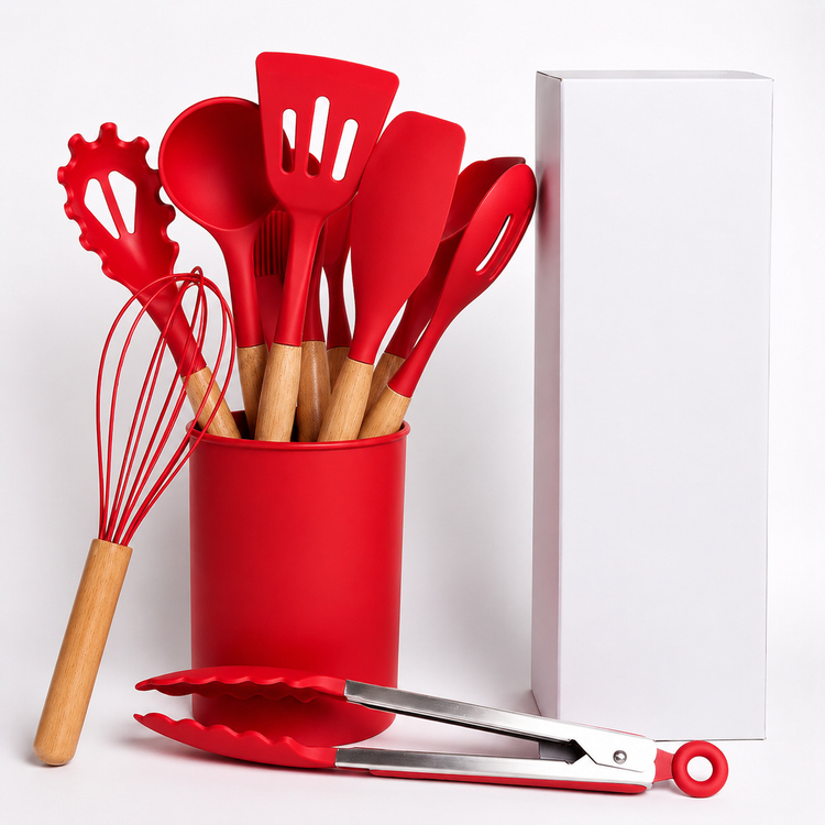 12 Pcs Silicone Kitchen Tool Set with Wooden Handles | Non Stick Cookware Safe Cooking Utensils with Storage Holder | Kitchen Accessories Set for Cooking & Baking (Red)