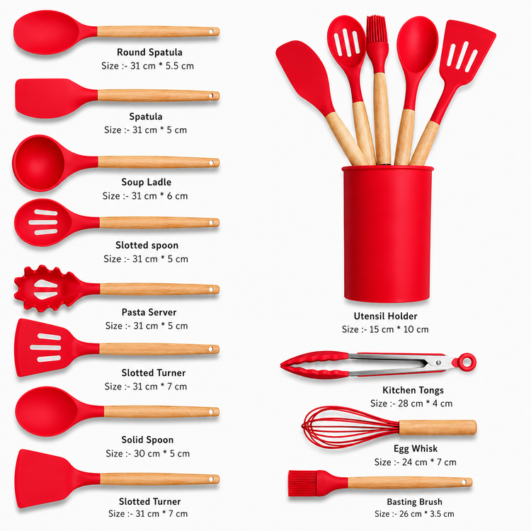 12 Pcs Silicone Kitchen Tool Set with Wooden Handles | Non Stick Cookware Safe Cooking Utensils with Storage Holder | Kitchen Accessories Set for Cooking & Baking (Red)