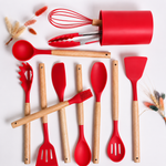 12 Pcs Silicone Kitchen Tool Set with Wooden Handles | Non Stick Cookware Safe Cooking Utensils with Storage Holder | Kitchen Accessories Set for Cooking & Baking (Red)