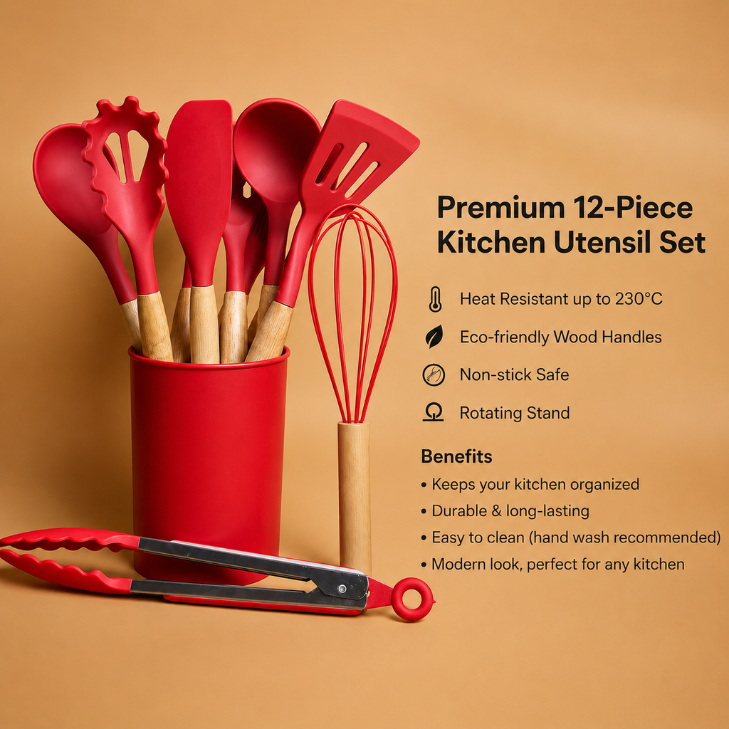12 Pcs Silicone Kitchen Tool Set with Wooden Handles | Non Stick Cookware Safe Cooking Utensils with Storage Holder | Kitchen Accessories Set for Cooking & Baking (Red)