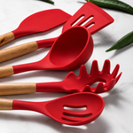 12 Pcs Silicone Kitchen Tool Set with Wooden Handles | Non Stick Cookware Safe Cooking Utensils with Storage Holder | Kitchen Accessories Set for Cooking & Baking (Red)