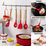 12 Pcs Silicone Kitchen Tool Set with Wooden Handles | Non Stick Cookware Safe Cooking Utensils with Storage Holder | Kitchen Accessories Set for Cooking & Baking (Red)
